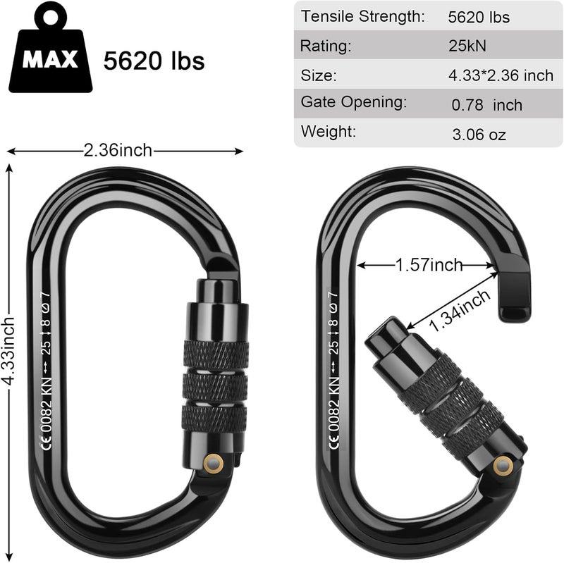FVW CE Certified Auto Locking Climbing Carabiners, Professional 25KN (5620 lbs) Heavy Duty Caribeaners for Rappelling Swing Rescue & Gym etc, Large D-Shaped Carabiners - Image 3
